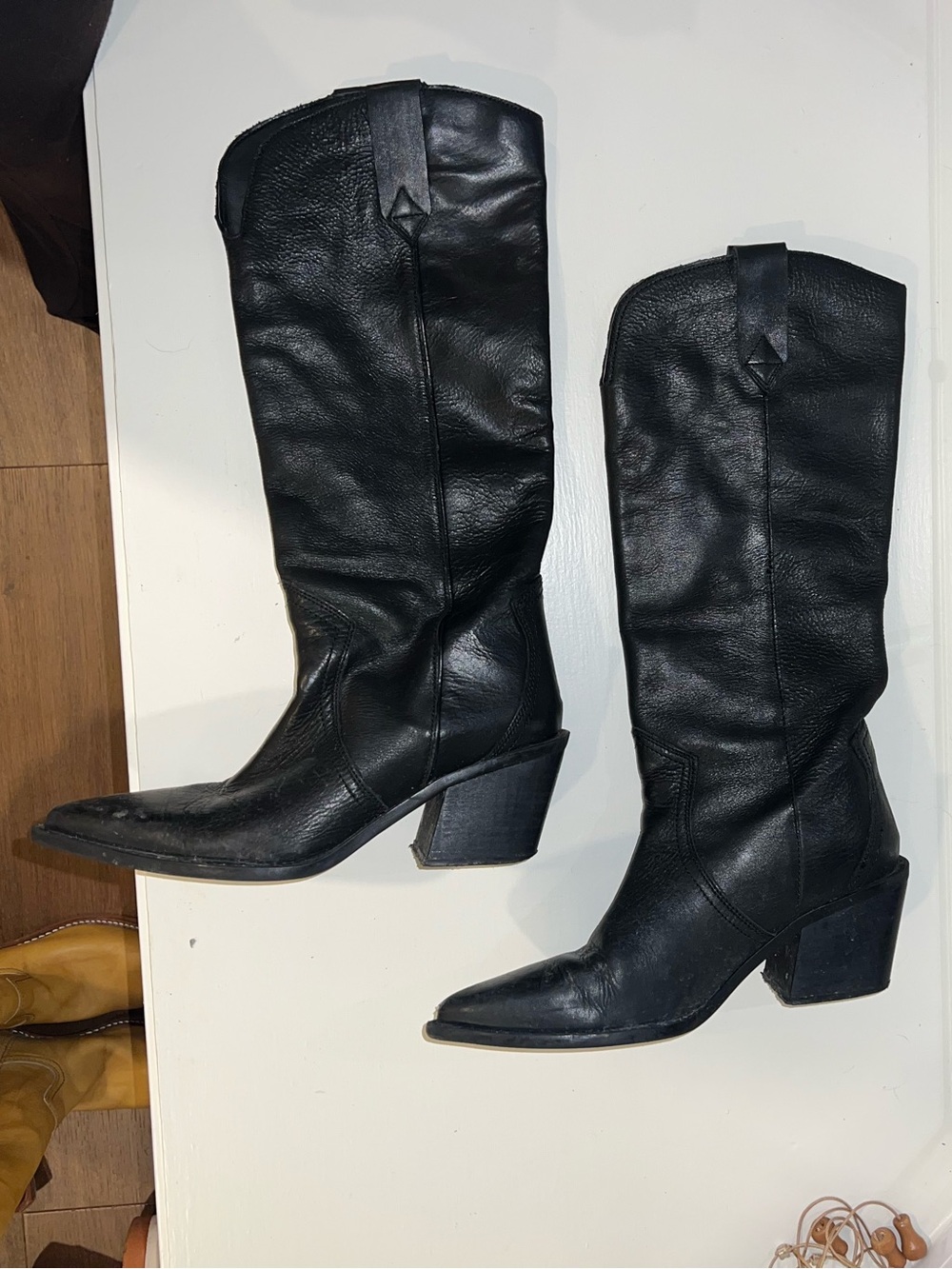 Mango Black Pointed-Toe Mid-Calf Western Heeled Boots